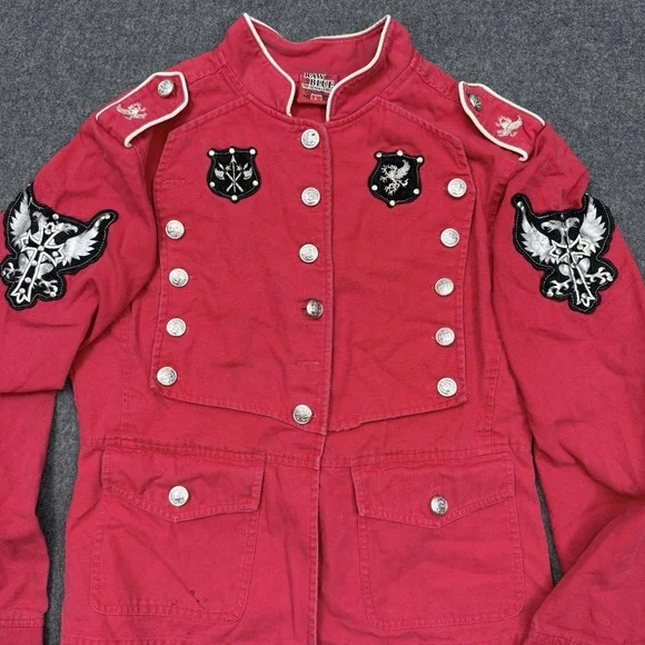 Raw Blue Military Jacket Large Red Embroidered Patch Button Coat - Picture 8 of 16